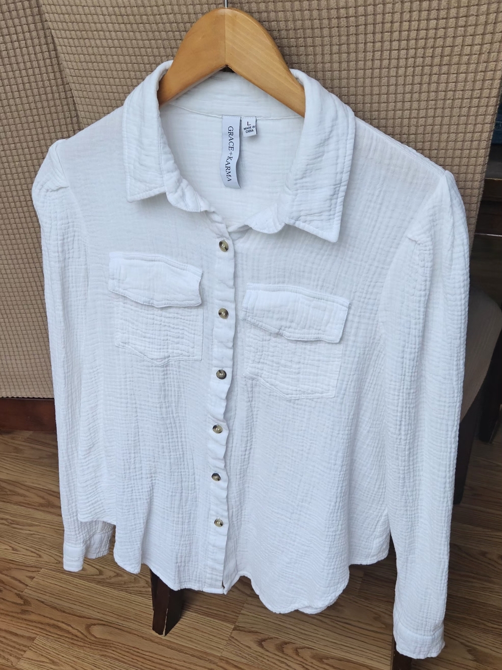 ​Grace + Karma White 100% Cotton Double Gauze Button Down Shirt Large